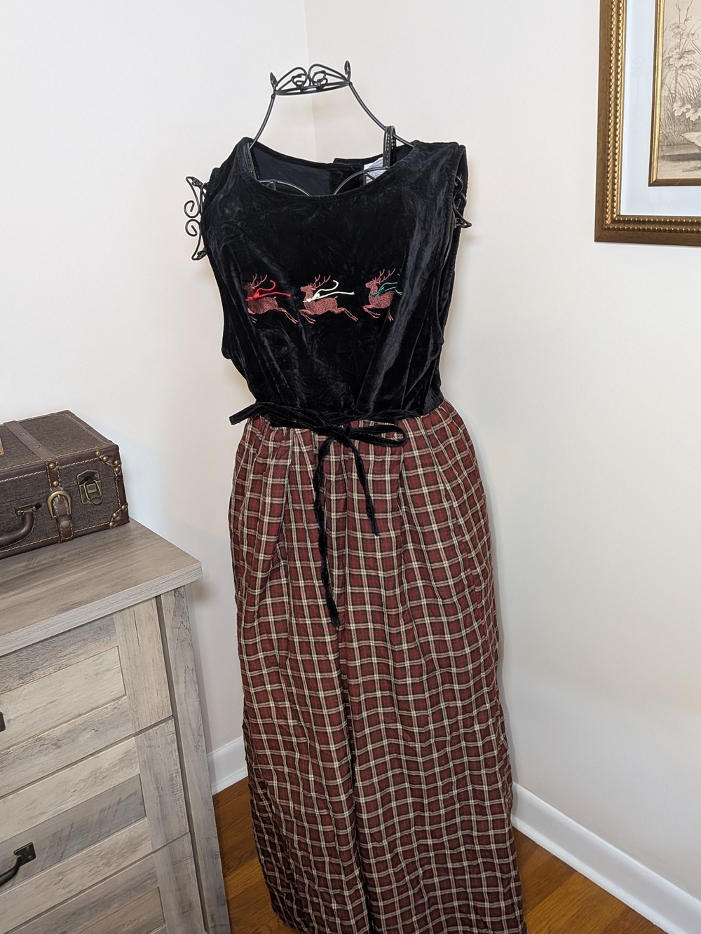 Vintage Bobbie Brooks Christmas Reindeer Plaid Velvet  Dress XL